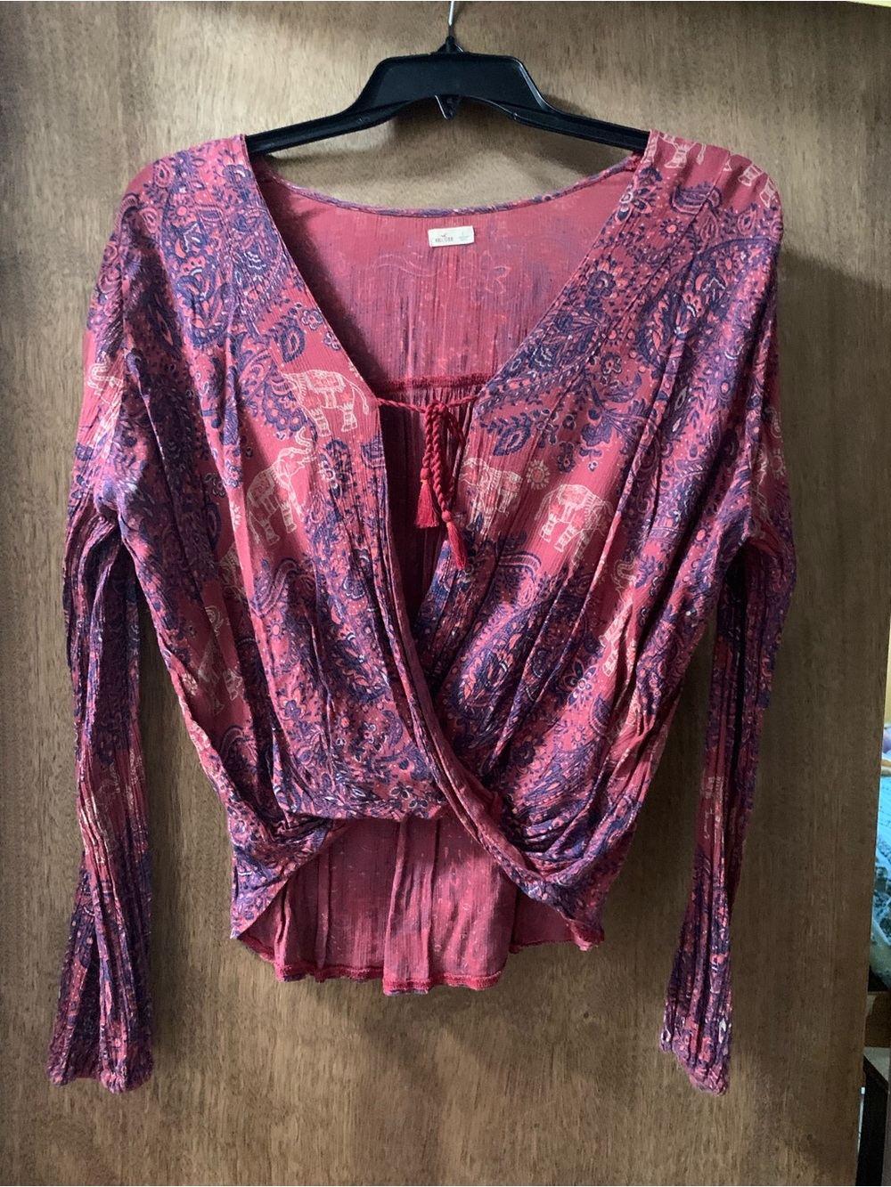 Hollister Bohemian Dark Red Paisley and Elephant Wrap-Front Long Sleeve Blouse